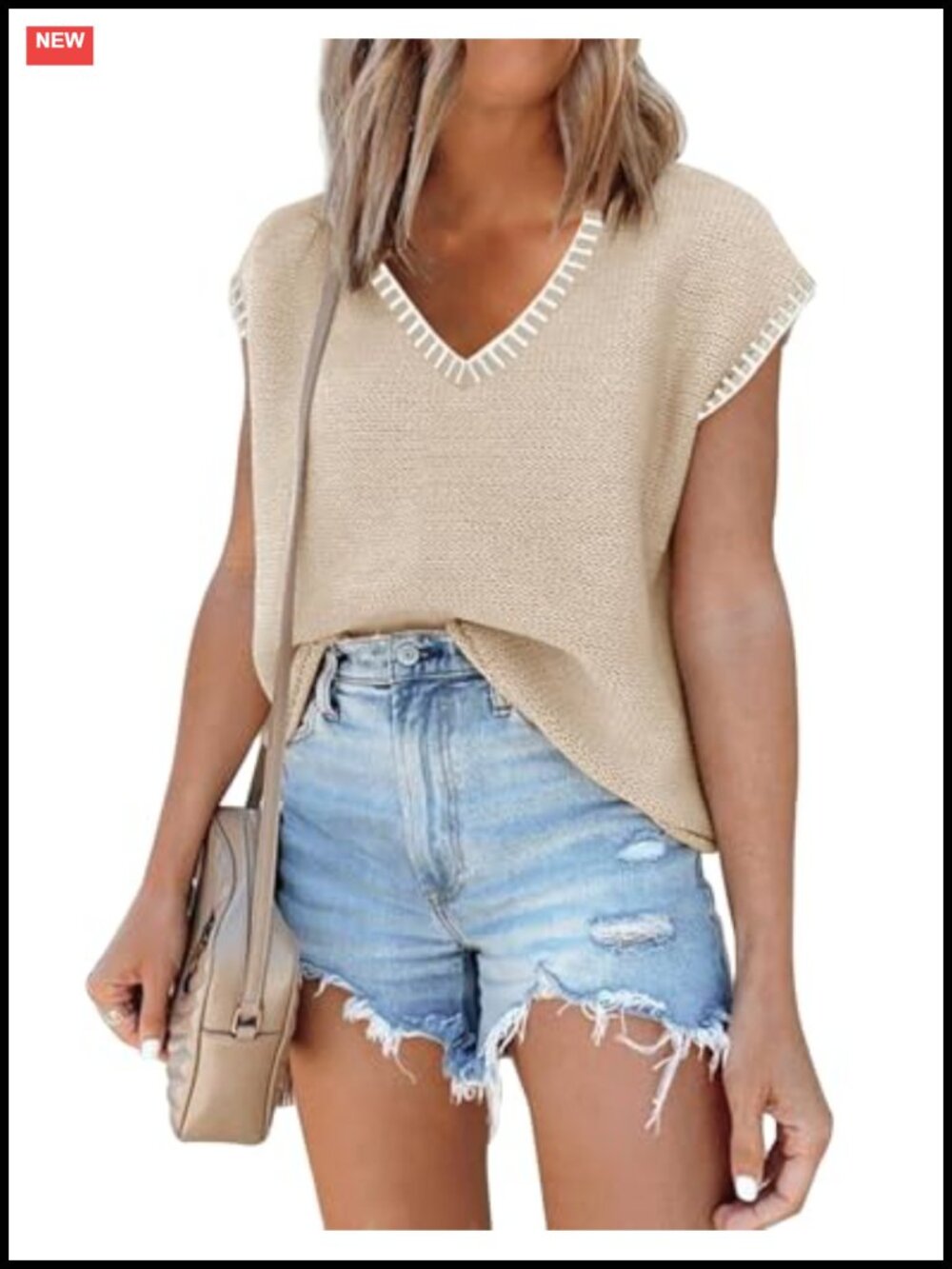 SAUKOLE Women's V-Neck Sleeveless Knit Sweater Vest Loose Fit Pullover
